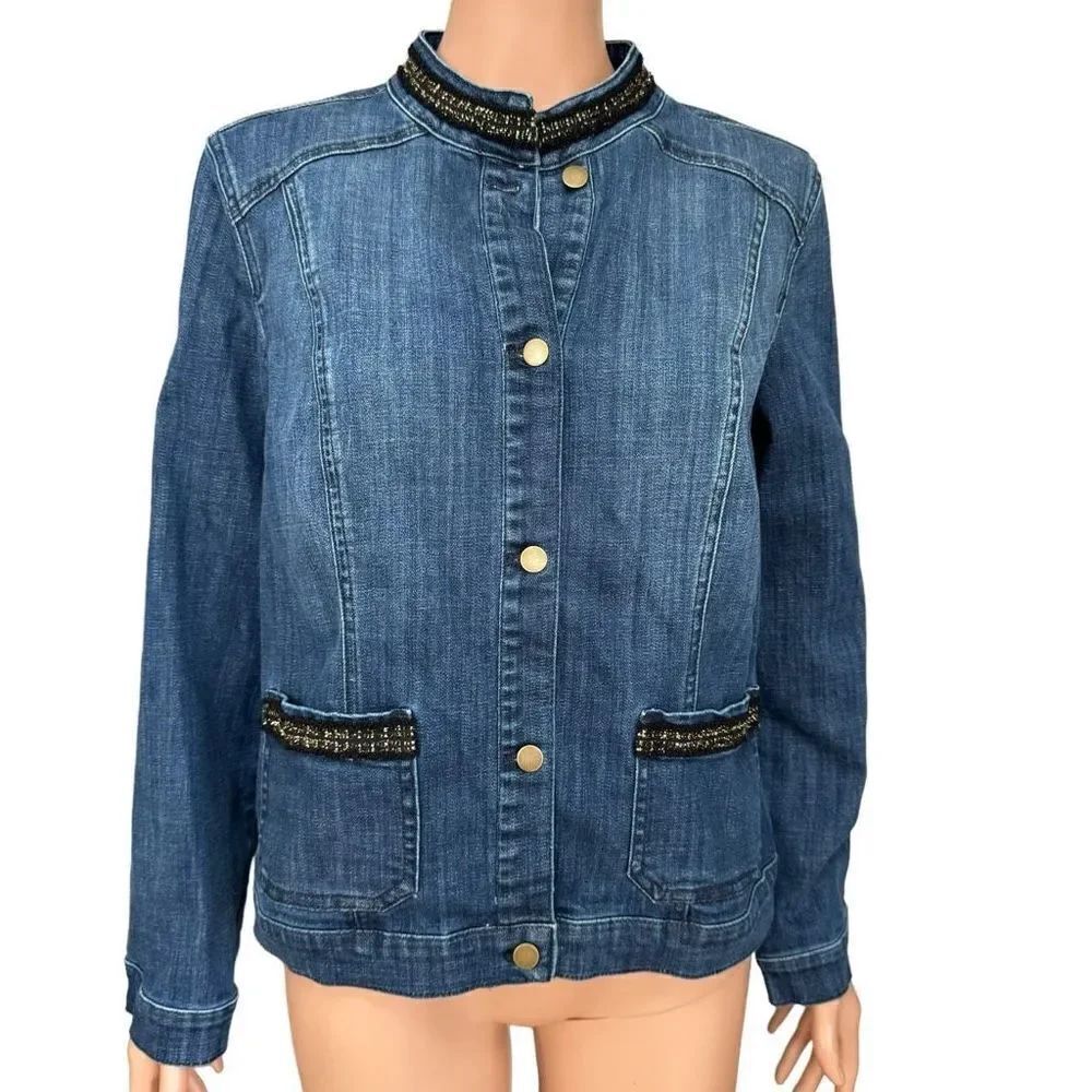 Chico’s Gold Embellished Denim Jeans Jacket with Pockets Size 1/M